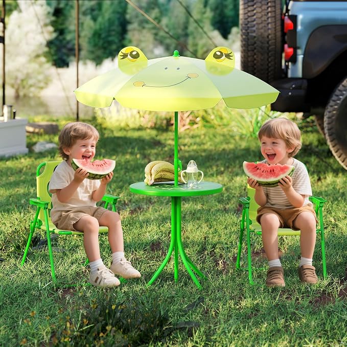 KOTEK Kids Picnic Table with Umbrella, Outdoor Table & 2 Folding Chairs, Cute Pattern Children’s Patio Furniture, Portable Kids Table and Chair Set for Backyard, Garden, Beach (Bright Green)