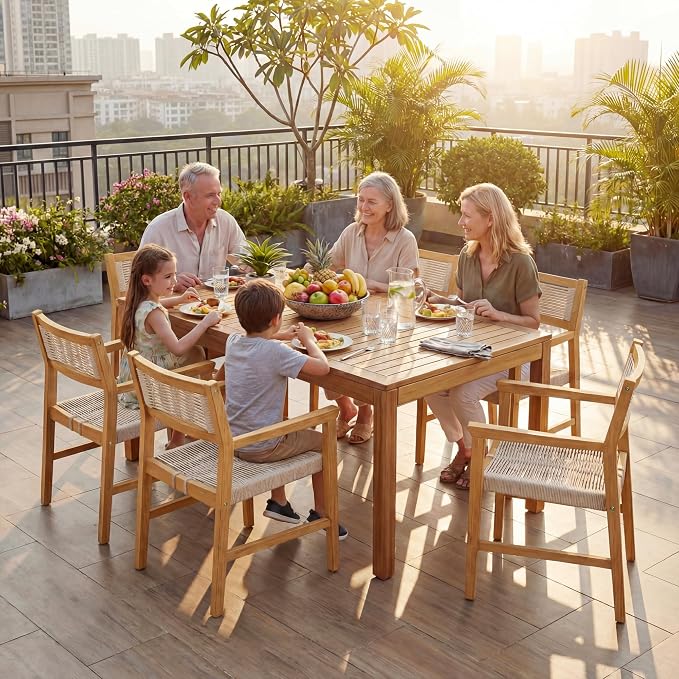 Acacia 7 Pieces Outdoor Dining Set for 6-Person, 63" L Classic Rectangular Table & 6 Handwoven Rope Chairs - Eucalyptus Grandis Solid Wood, Weather Resistant Patio Furniture Set, Natural
