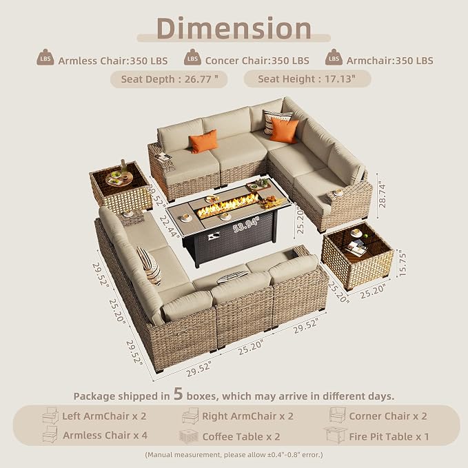 CAODOC Outdoor Sectional Patio Furniture Set with Fire Pit Table,13 Pieces Wicker Conversation Sets L Shaped Couch,Extra Deep Out Door Sofa Outside Furniture, Beige