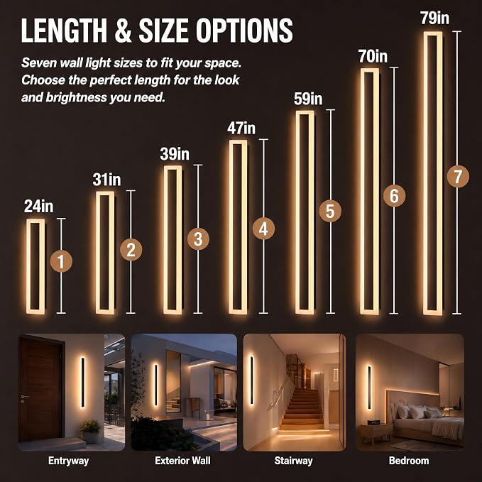 Modern Outdoor Wall Light 1pack 31in, 4.72in Width, Dimmable LED | 1600LM for Garage Front Door Porch, IP65 Waterproof Outdoor Sconce, Cover All Jbox, 3000K-6000K Adjustable, Matte Black