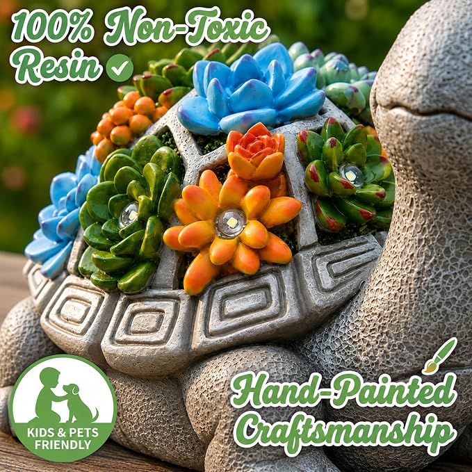 Nacome Solar Garden Outdoor Statues Turtle with Succulent | 7 LED Lights, Lawn Decor Statue for Patio, Balcony, Yard Ornament, Gifts for Mom Grandma Women
