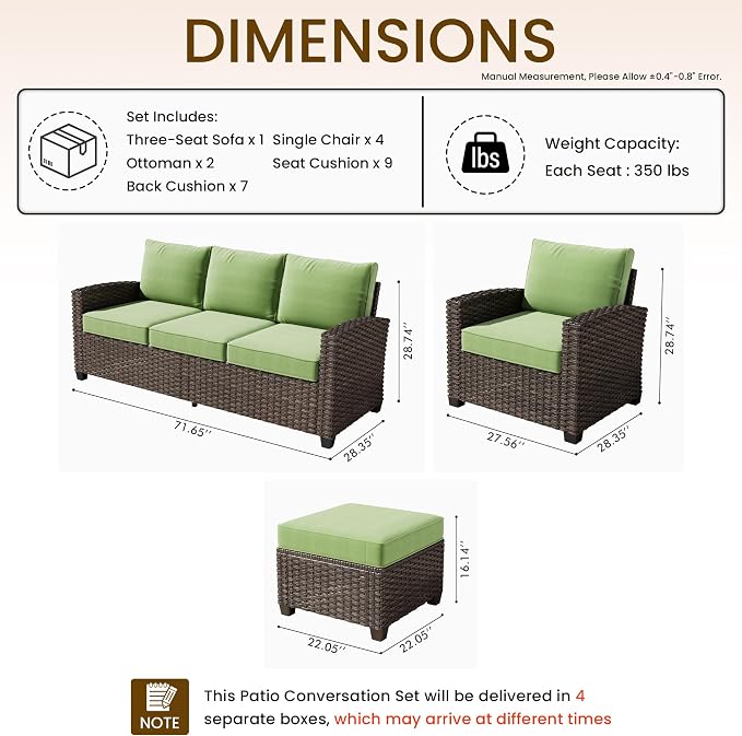 CAODOC 7 Pieces Rattan Patio Furniture Set, 4 x Single Chair, 2 x Ottoman and 3-Seat Sofa with Cushions, 9 Seats Outdoor Wicker Sectional Conversation Set for Garden, Poolside, Backyard
