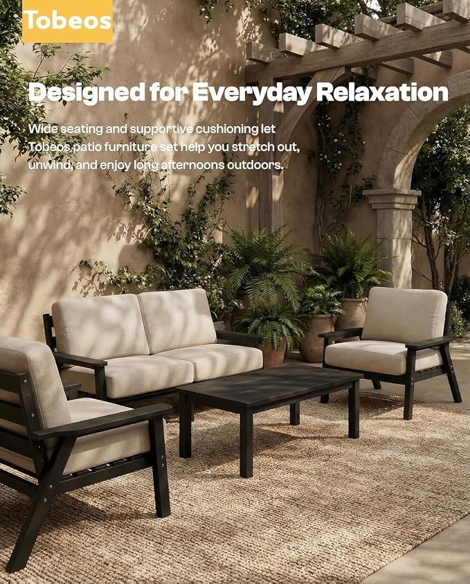 HDPE Patio Furniture Set 10 Seats, Outdoor Couch with Washable Thick Beige Cushions & Coffee Table & Side Table, Outdoor Sectional Furniture for Backyard, Deck, Lawn, Porch (Black Frame)