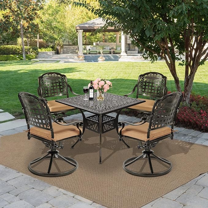 MEETWARM 5-Piece Outdoor Patio Dining Set, All-Weather Cast Aluminum Patio Conversation Set with 4 Cushions Swivel Rocker Chairs for Backyard Garden Deck and 35.4" Square Table, 2.2" Umbrella Hole