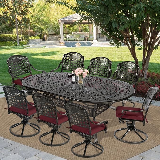 MEETWARM 9-Piece Outdoor Patio Dining Set, All-Weather Cast Aluminum Patio Conversation Set with 8 Cushioned Swivel Rocker Chairs for Backyard Garden Deck, 1 Oval Table, 2" Umbrella Hole, Chili Red