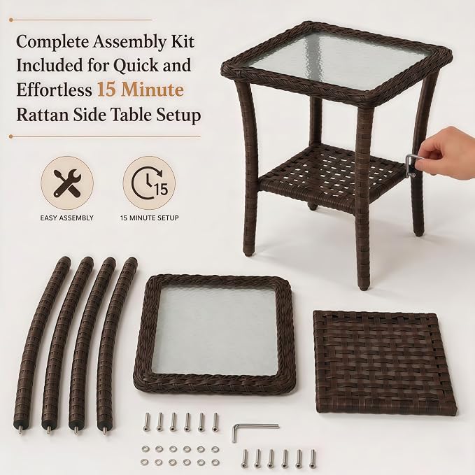 HUMMUH 20x20 Inch Wicker Patio Side Table with Glass Top, Espresso Brown | Powder-coated aluminum frame, PE rattan, lower storage shelf, 66 lb weight capacity, 20x20x22 inch dimensions