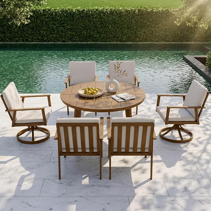 51" Round Outdoor Dining Table Set, 7-Piece Aluminum Round Outdoor Table with 6 Chairs, Rust-Resistant Faux Wood Grain Patio Table with Umbrella Hole for Garden, Backyard, Poolside, Teak