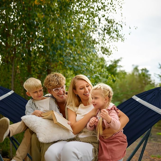 Tranquillo Ultimate Relaxation Portable Hammock Stand with Cotton Canvas Net, Spreader Bar, Quick Fold Unfold in 30 Seconds Steel Frame Hammock 600 lbs Capacity Outdoor, Navy
