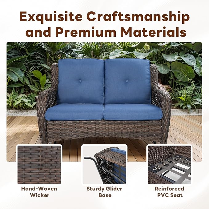 Belord 7 Piece Wicker Patio Furniture Set, Outdoor Swivel Rocker Chairs Set of 2 with Ottomans and Loveseat, All Weather Patio Conversation Furniture Set, for Pool,Yard,SunroomBrown Wicker/Blue