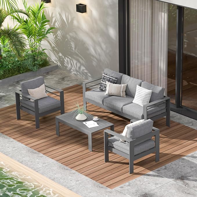Wisteria Lane Aluminum Outdoor Patio Furniture Set, Oversized Patio Conversation Sets with Deep Seating and Wide Armrest, Outdoor Sectional Metal Sofa with 5 Inch Cushion and Coffee Table, Dark Grey