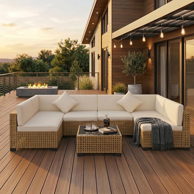 KIGOTY 7-Piece Patio Furniture Set, All-Weather PE Rattan Outdoor Sectional Sofa, Modular Wicker Conversation Set with Thick Cushions & Easy-Clean Coffee Table(Yellow/White)