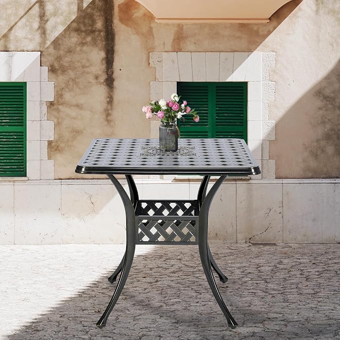 30.5" Inch Outdoor Dining Table Square Patio Bistro Table Bronze Cast Aluminum Rustic Large Table with Umbrella Hole