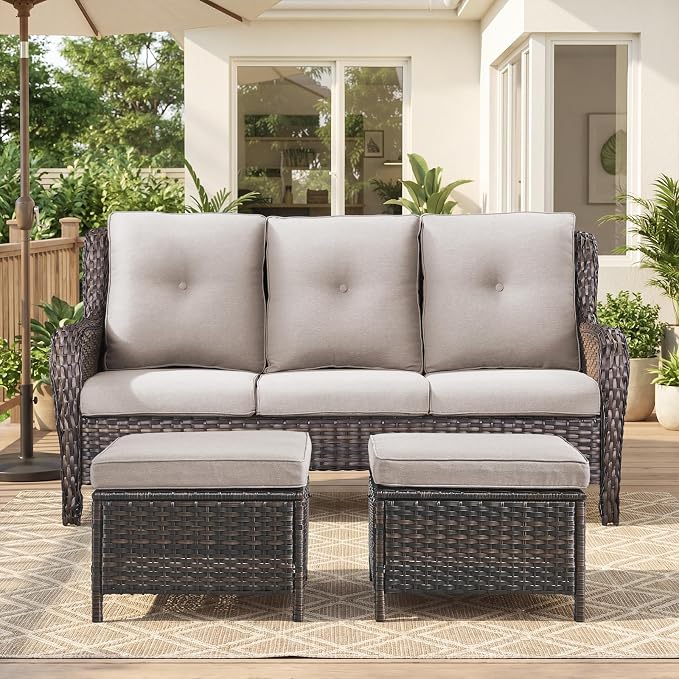 Belord 3-Piece PE Wicker Outdoor Sofa with 2 Ottomans, Luxury Patio Couch Convertible to Chaise Lounge, All-Weather High Back Deep Seat Woven Furniture for Deck, Porch - Brown/Beige