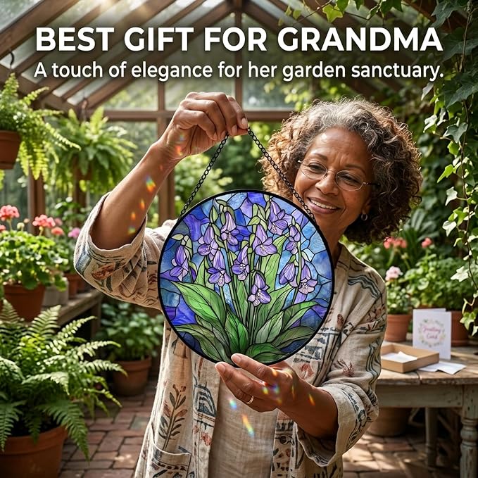 Birthday Gifts for Women - Violet Flowers Faux Stained Glass Window Hanging Sun Catcher for Door Garden Acrylic Decor Mother's Day Christmas for Mom Nana Grandma Sisters Wife 6.3"