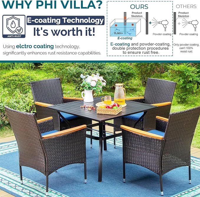 PHI VILLA 5pc Patio Dining Set with Umbrella, Square Table, Rattan Chairs | 37" Metal Table, Cushioned PE Rattan chairs, 10ft Beige 3 Tier Auto-tilt Umbrella (Base Not Included)