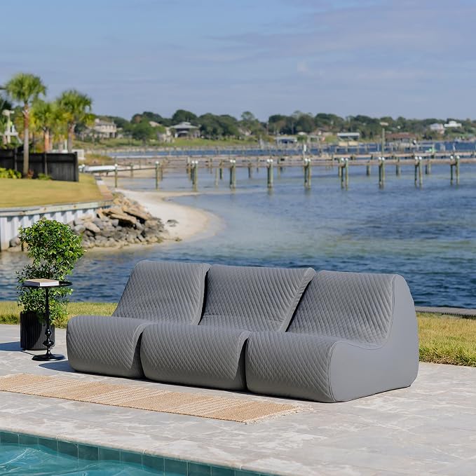 Big Joe Solvana Outdoor Sectional, 3 Piece Patio Furniture Set, Weather-Resistant Cool Touch Silicone Stitched Leather Sofa, Moonlit Gray