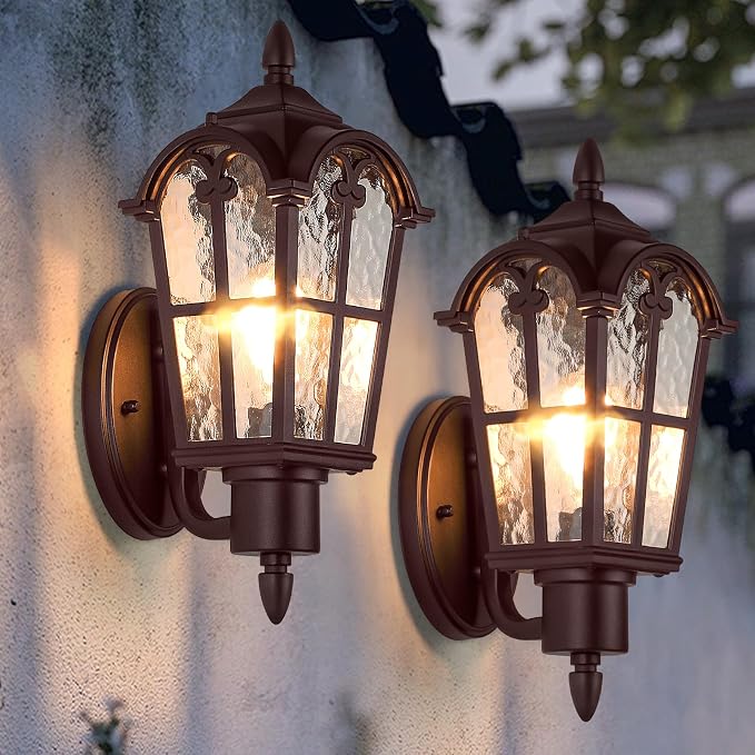 16’’ Large Outdoor Wall Light Fixtures, Exterior Wall Lantern Sconces | Waterproof, Rust-resistant, Matte Brown, Water Ripple Glass, Quick & Easy Installation, Retro & Traditional