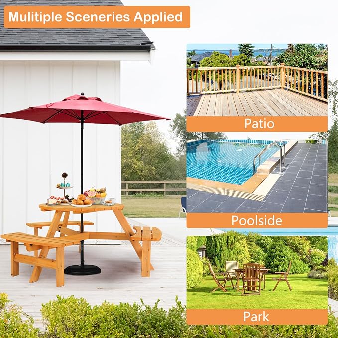 VINGLI 6 Person Wooden Picnic Table, Outdoor Picnic Table with 3 Build-in Benches, Round Patio Table and Bench Set with Umbrella Hole for Backyard, Garden, Pool, Natural Wood