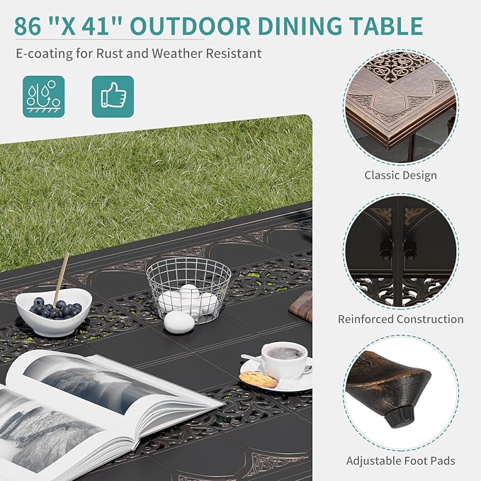 GarveeLife Cast Aluminum Outdoor Dining Table, 86.6 in Patio Dining Table with Adjustable Foot Pads for Garden, Backyard, Deck, Dark Bronze