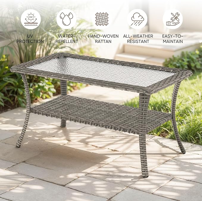 Patio Loveseat Glider Set, Resin Wicker Loveseat Glider with 4 Swivel Patio Chiars Coffee Table, 6 Piece Patio Conversation Set PE Rattan Loveseat Set, Grey Wicker|Blue Cushions
