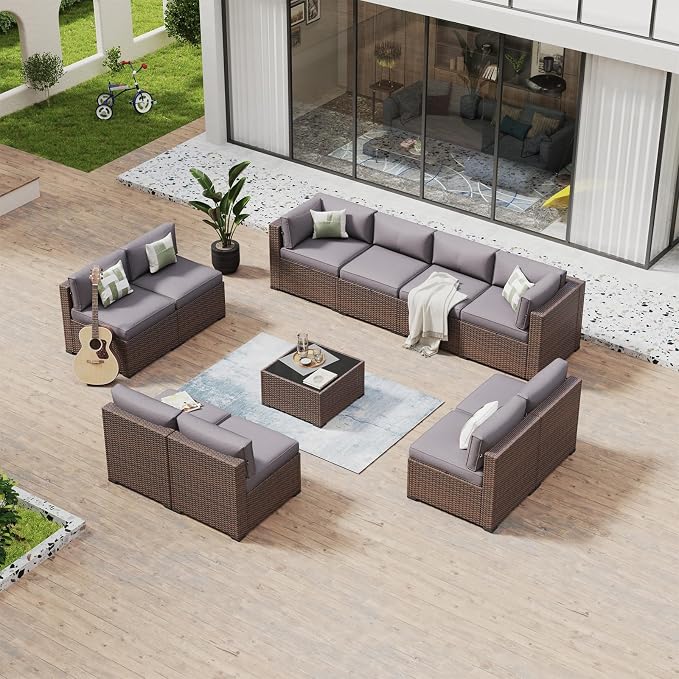 Aoxun 11 Piece Patio Furniture Set Wicker Rattan Patio Conversation Set Outdoor Sectional Sofa Set with Coffee Table and Thickened Cushions, Gray