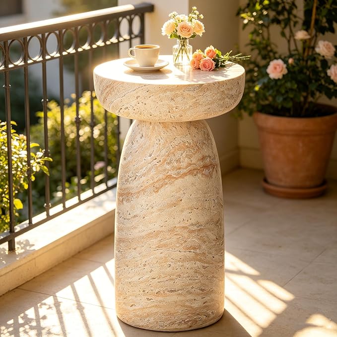 24" Outdoor Side Table, Large Modern Geometric Pedestal End Table, Decorative Patio Coffee Table for Balcony & Porch, Small Space Saving Accent Table, Planter Stand for Garden or Living Room