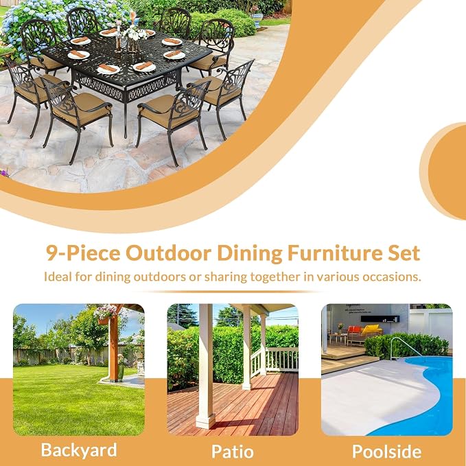 9 Piece Outdoor Patio Dining Set for 8, Cast Aluminium Large Square Dining Table & 8 Cushioned Stackable Chairs, Umbrella Hole, Patio Furniture Set for Garden Porch Poolside, Khaki