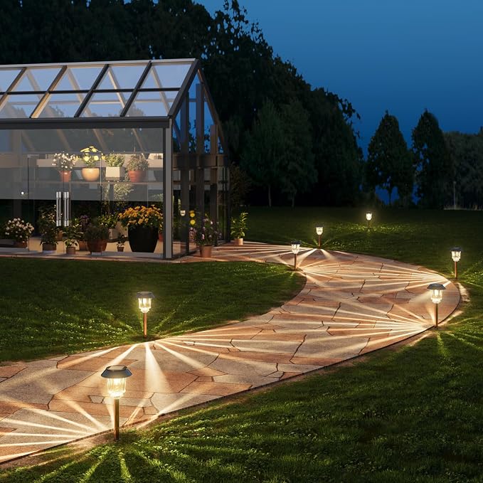XMCOSY+ Solar Lights Outdoor Waterproof, 4 Pack Solar Pathway Garden Lights | 10-40LM Dimmable Warm White, All-metal Auto On/Off Solar Light, Waterproof Solar Powered Light for Driveway Walkway Sidewalk