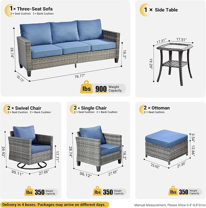 ovios 8 Pieces Patio Furniture Set, Outdoor Wicker Sofa Couch with Swivel Chairs, Rocking Glider Rocker with Comfy Cushions All Weather Rattan Conversation Set, Denim Blue