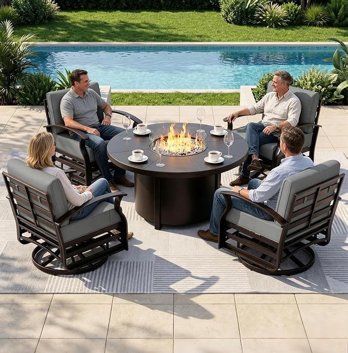 Aluminum Outdoor Patio Furniture Set,5 Pieces 4 Seats Patio Conversation Sets with 48" Round Propane Fire Pit Table,Metal Furniture Set with Thick Cushion,Grey