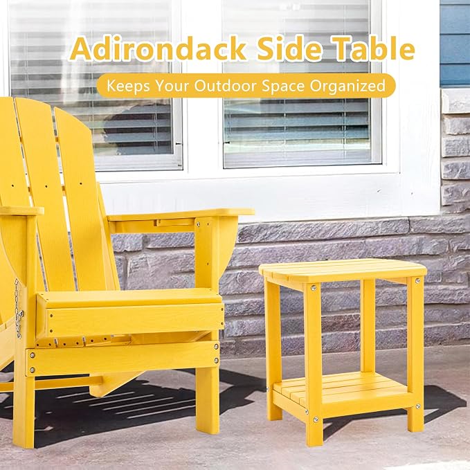 Adirondack Small Outdoor Side Table - Weatherproof HDPE Patio End Table with 2-Tier Storage for Firepit, Balcony, Garden, Poolside or Bathroom (Yellow, Set of 1)
