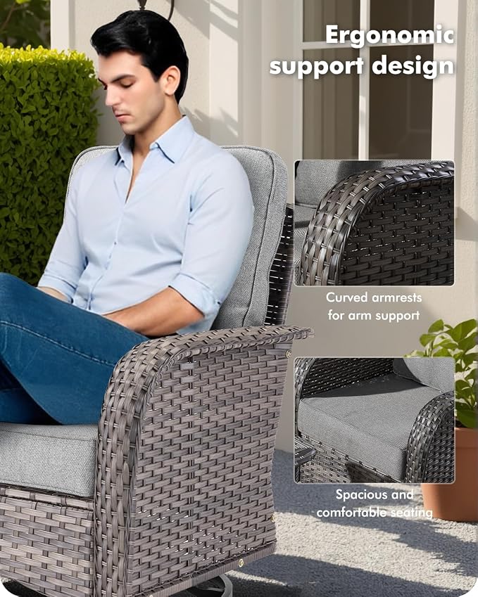 CAODOC 8-Piece Wicker Patio Furniture Set, All-Weather Rattan Conversation Bistro Loveseat Chair and Patio Rockers Set for Backyard, Balcony and Deck with Soft Cushions and Metal Table(Dark Gray)