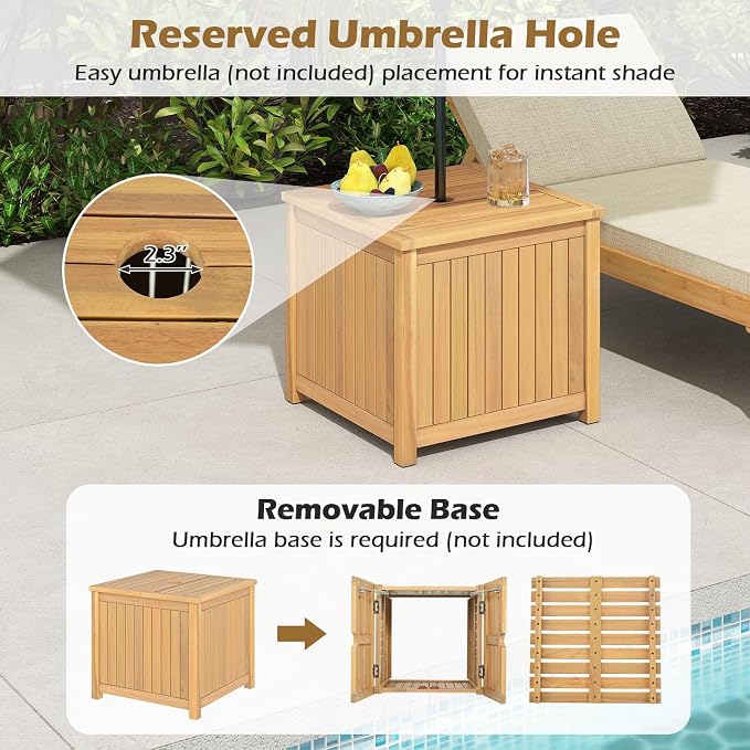 HAPPYGRILL Outdoor Side Table with Umbrella Hole, Acacia Wood End Table with Storage, Removable Base, Patio Storage Box for Backyard, Balcony, Poolside (Square)