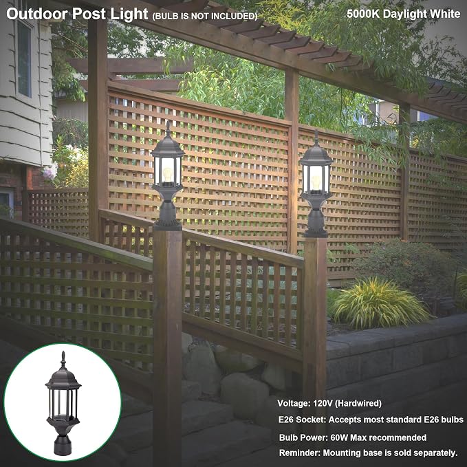 Outdoor Post Light, Rustproof Aluminum Pole Lamp, Black | Exterior Lamp Post Light Fixture for Garden, Yard, Pathway, Waterproof, Glass, E26 Base, Max 60W, 2 Pack