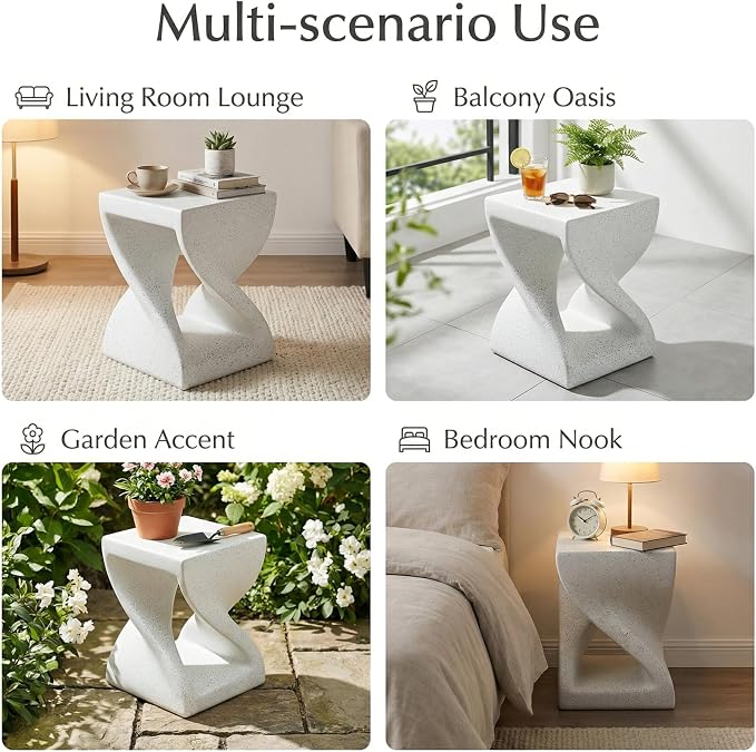 Outdoor Marble Side Table Twisted-Base Terrazzo-Speckled All Weather MGO White Modern Accent Table – Indoor End Table for Home, Office & Patio Garden Decor