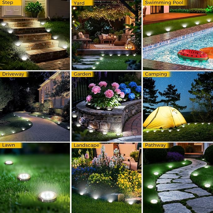 10 Pack Solar Ground Lights Outdoor, 8 LED Mini Flat Solar Disc Lights, IP65 Waterproof Pathway Lights Solar Powered, Landscape Lighting for Garden Walkway Driveway Yard Lawn,Cool White