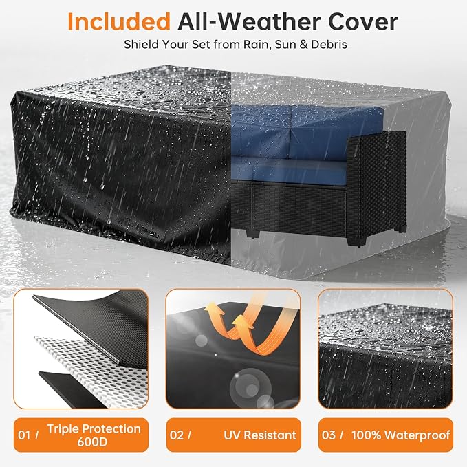 LazySunsets 1 Piece 3-Seats Outdoor Patio Sofa Outdoor Patio Furniture Set, Rattan Outdoor Sectional with Thick Waterproof Cushions, Waterproof Cover, Patio Conversation Set for Backyard, Navy Blue