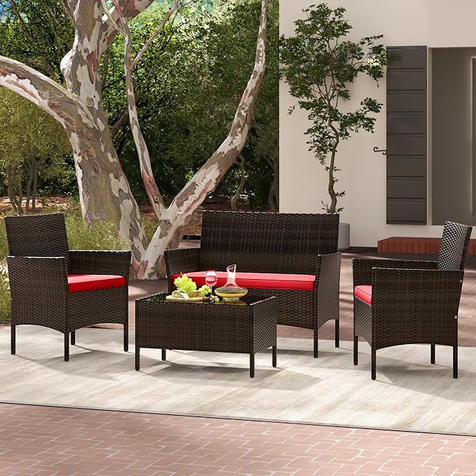 4 Piece Patio Furniture Set, Sectional Conversation Sofa Set with Glass Coffee Table, Cushions & Loveseat, Wicker Outdoor Table and Chairs for Pool, Garden, Deck, Backyard (2, Red)