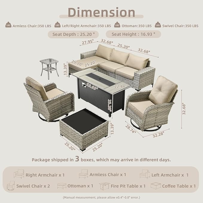 Outdoor Sectional Patio Furniture Set with Fire Pit Table,8 Pieces Wicker Conversation Sets L Shaped Couch,Extra Deep Out Door Sofa Outside Furniture with Swivel Chairs,Beige