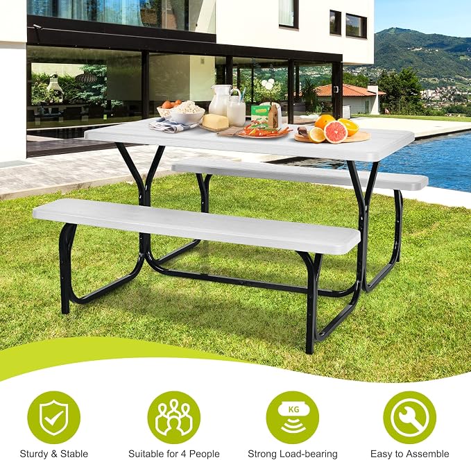 HAPPYGRILL Outdoor Picnic Table Bench Set with Metal Frame & All Weather-Resistant Surface, Camping Table Set for Patio Backyard Poolside Garden Dining Party