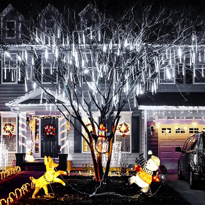 JMEXSUSS White Solar Lights Outdoor, Solar Meteor Shower Lights Outdoor | 8 Tube 144 LED Christmas Lights for Tree Wedding Xmas Holiday Party Patio Gazebo Decor