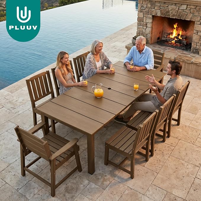 PLUUV 9-Piece Outdoor Patio Dining Set – HDPE Dining Table with Aluminum Legs and Umbrella Hole, 8 Chairs & 1 Table, All-Weather Patio Furniture Set for Garden Deck Backyard, Brown