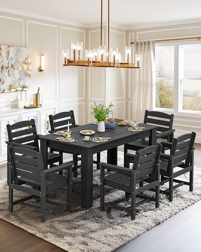 SERWALL Outdoor Dining Set for 8, w/ 2 Tables & 8 Armchairs, Black | All Weather Resistant HDPE Dining Sets for Patio, Garden, Backyard