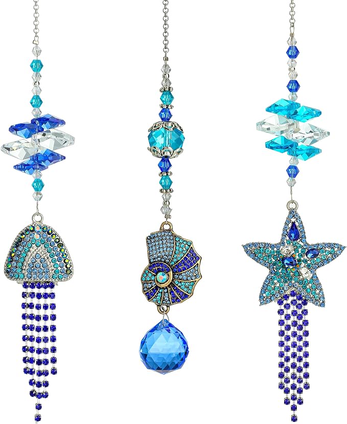 3 Pcs Rhinestone Crystal Ocean Suncatcher Pendants Window Decor | Rhinestone Crystal Suncatcher Pendants Starfish Jellyfish Conch with Beads Prism Hanging for Window Garden Wedding Decor