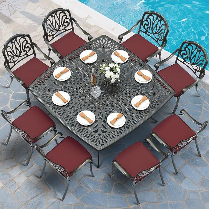 MEETWARM 9-Piece Outdoor Furniture Dining Set for 8, All Weather Cast Aluminum Patio Dining Set- Large 64" Square Table with Umbrella Hole and 8 Cushioned Chairs, Patio Table and Chairs Set, Red