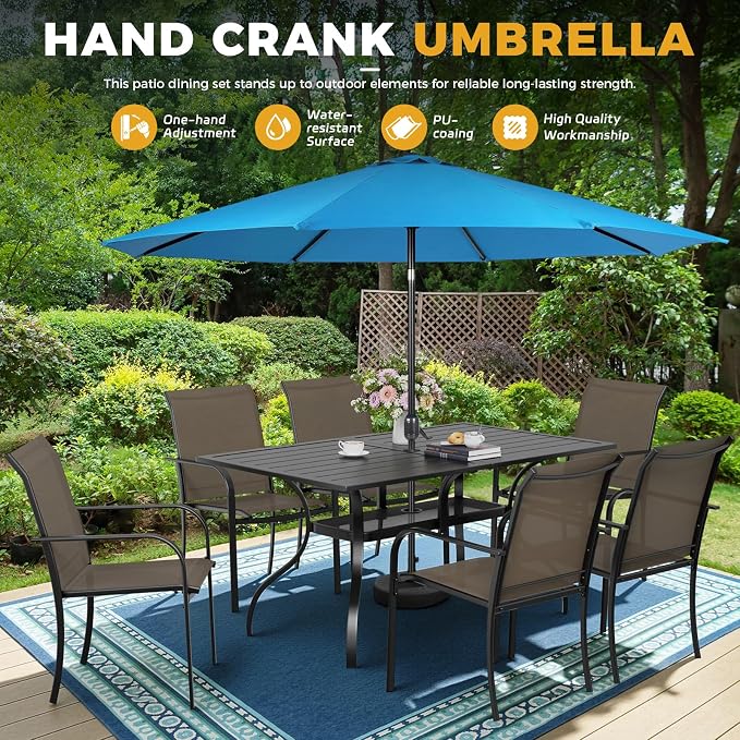Incbruce 8 Pieces Patio Dining Set with Sky Blue Umbrella, Outdoor Dining Set of 6 Textilene Chairs and Rectangle Table with Umbrella Hole for Backyard, Garden, and Poolside (Brown)