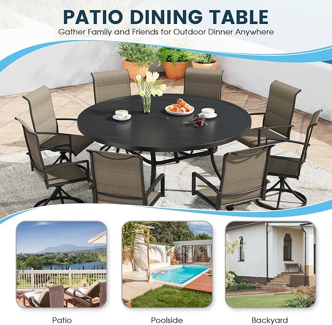 Patio Dining Table for 8-10, Round Metal Outdoor Table with 1.57" Umbrella Hole, 60" Outdoor Slat Tabletop Dining Table for Backyard, Porch, Lawn, Black