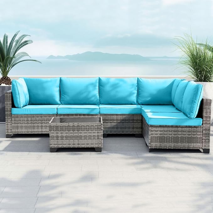 7-Piece Outdoor Patio Furniture Set, Gray PE Rattan Sectional Sofa with Turquoise Cushions and Steel Frame, Coffee Table Included, Modular Outdoor Conversation Set for Patio Garden Poolside