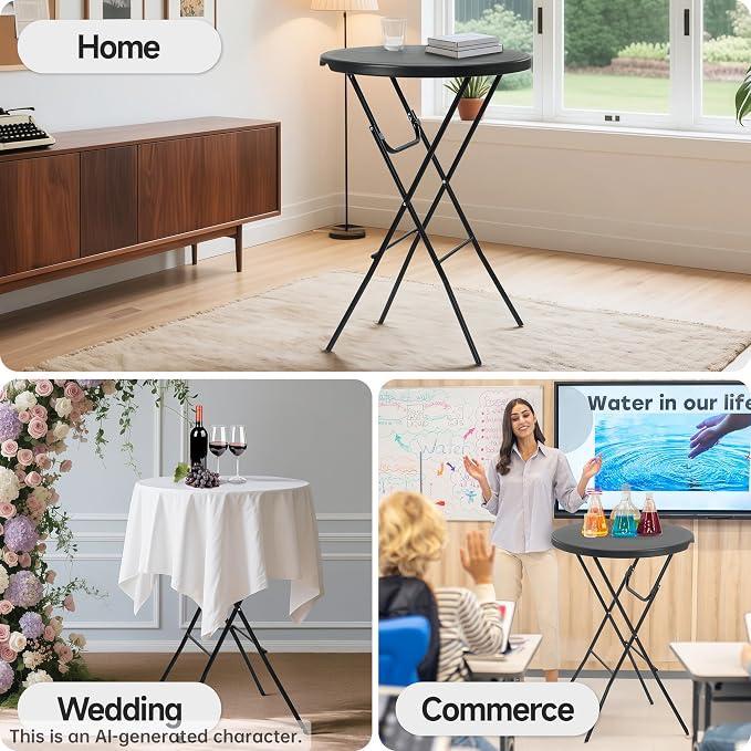 32'' Round Folding Table, HDPE Portable Bar Height Table with Removable Legs for Indoor Outdoor Wedding Event, Gathering, Parties, Commercial Events, Black