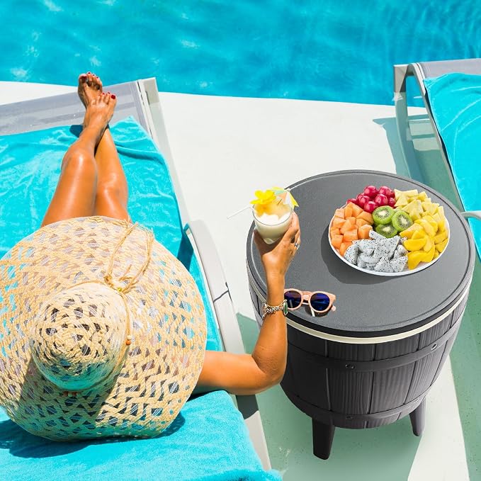 VINGLI 10 Gallon Patio Cooler Table, Portable Outdoor Party Bar with Pop-up Lid & Hidden Insulated Ice Chest, All-Weather Resin Side Table for Deck, Pool, Garden